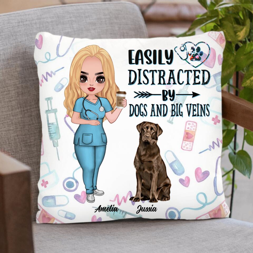 Personalized Nurse Dog Mom Pillow Cover - Up to 5 Dogs - Gift Idea For Dog Lovers - Easily Distracted By Dogs And Big Veins