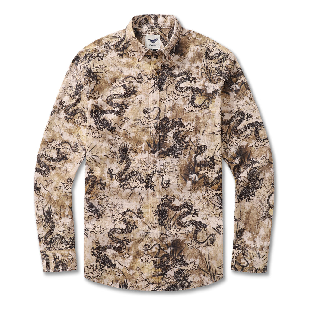 Long sleeve button-down shirt with a central Chinese dragon totem pattern in brown and yellow.