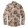 Long sleeve button-down shirt with a central Chinese dragon totem pattern in brown and yellow.