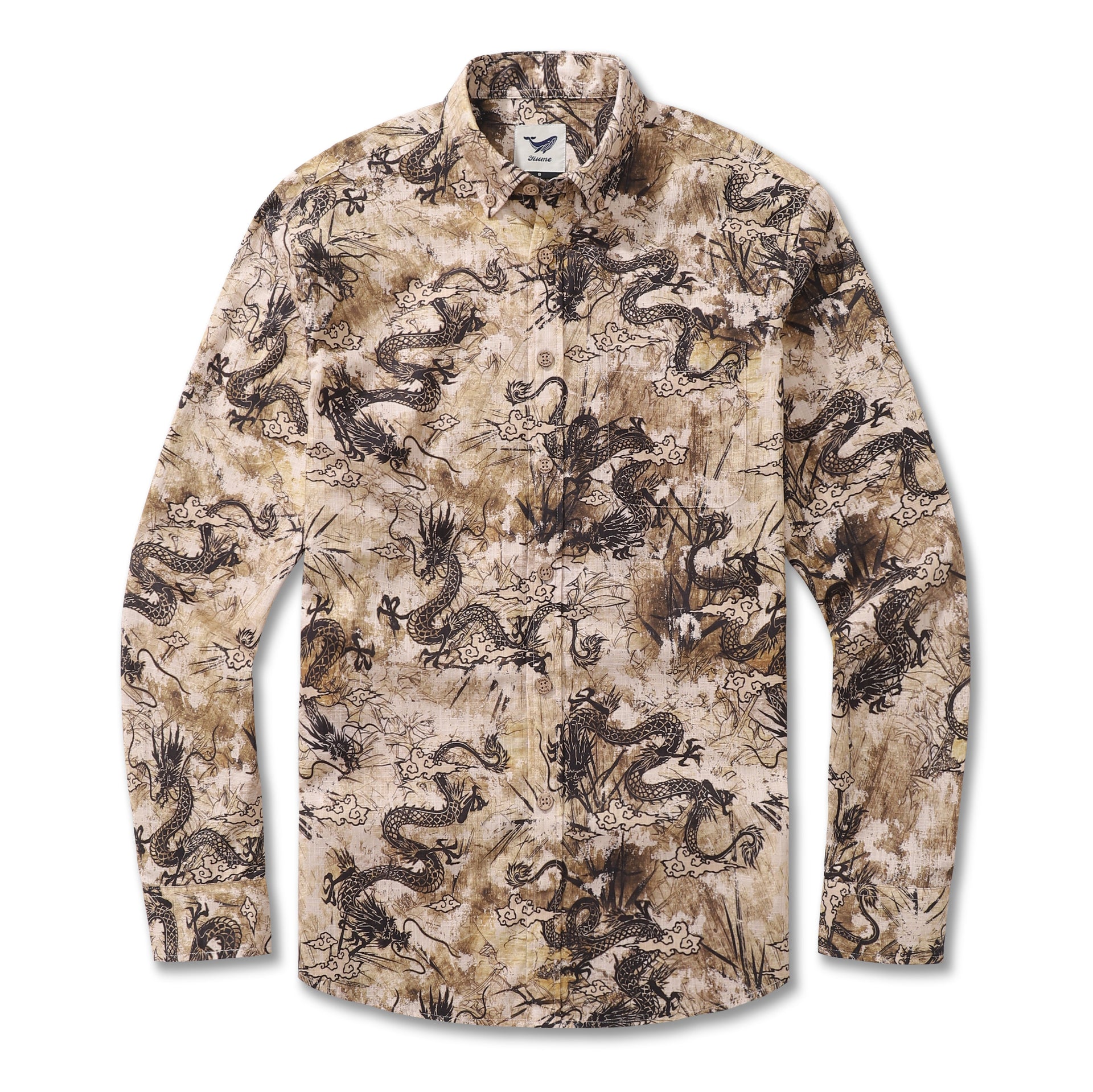 Long sleeve button-down shirt with a central Chinese dragon totem pattern in brown and yellow.