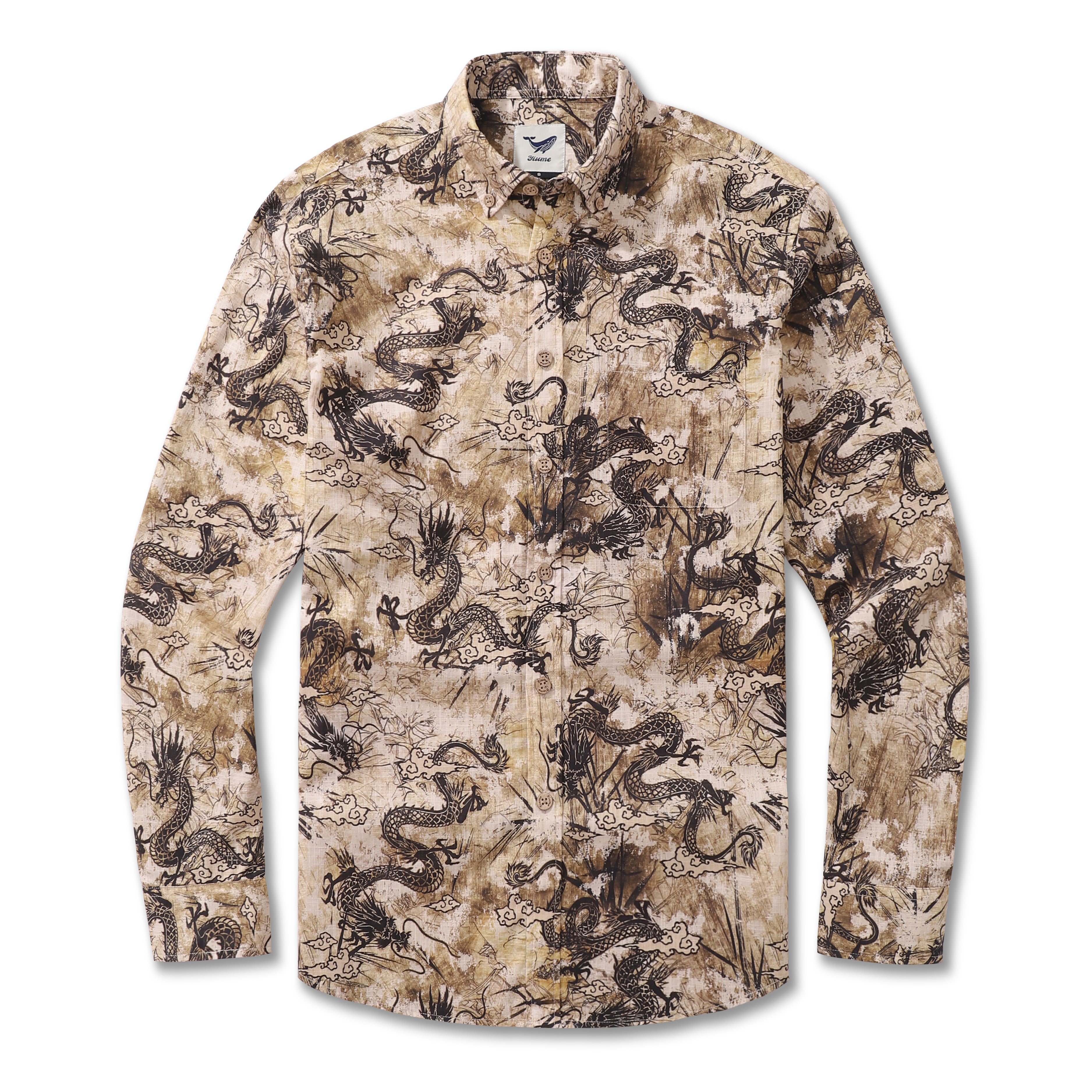 Long sleeve button-down shirt with a central Chinese dragon totem pattern in brown and yellow.