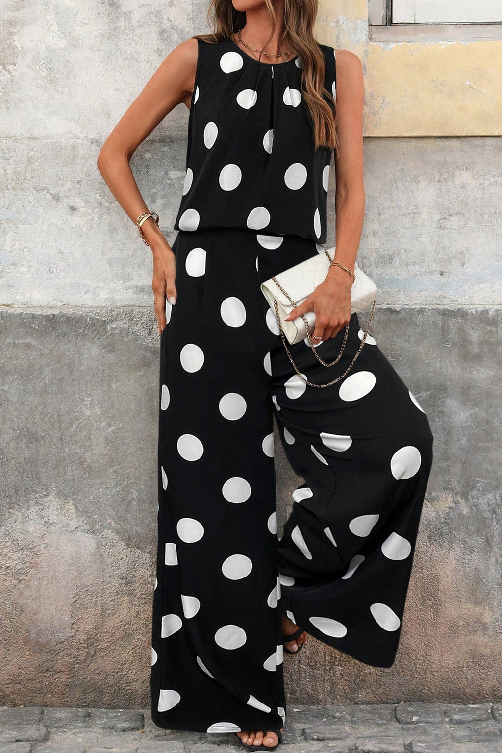 Polka Dot Pleated Tank & Wide Leg Pant Set