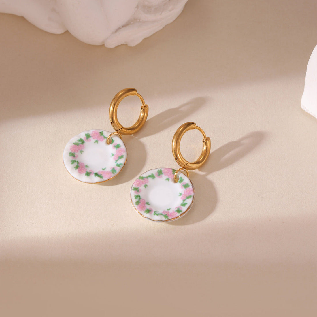 Blue and White Porcelain Dainty Drop Earrings 18K Gold Plated