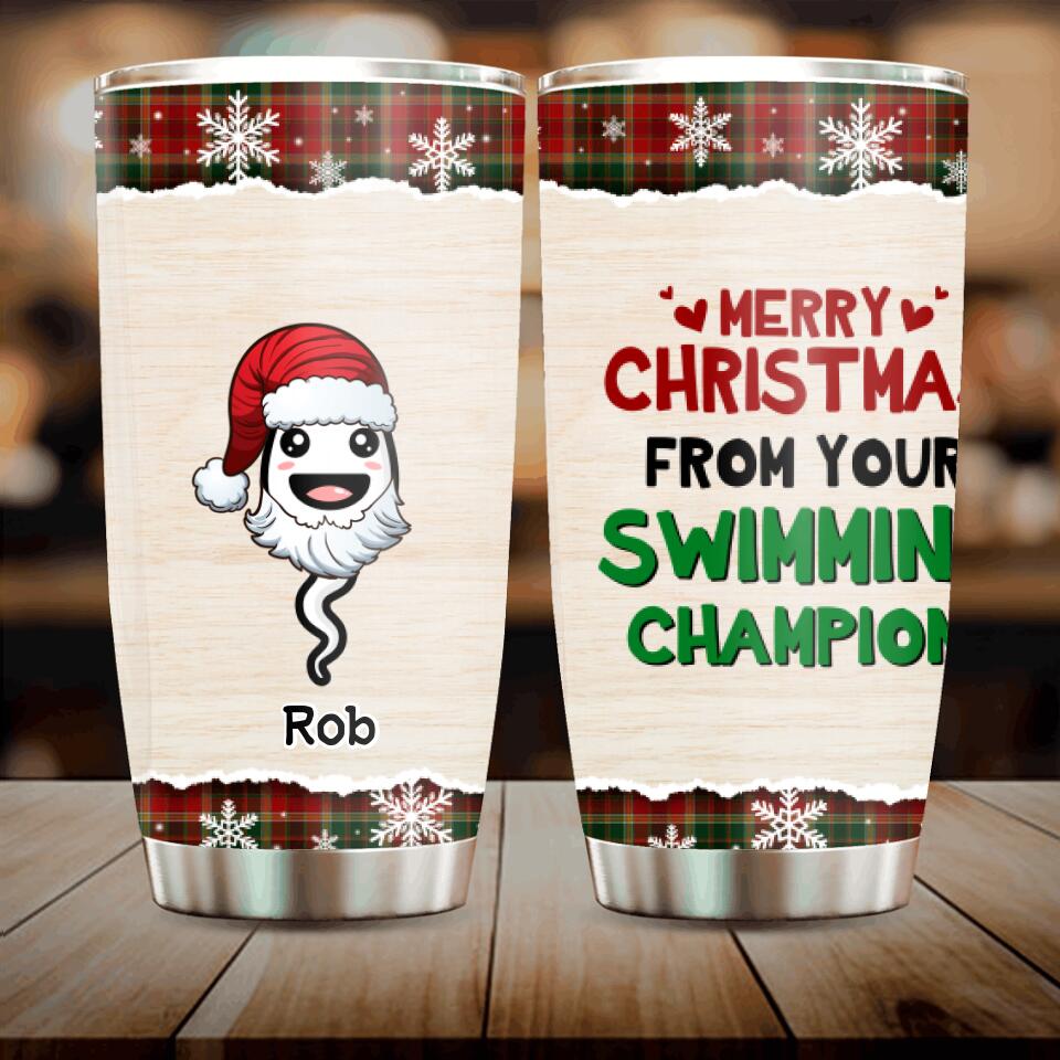 Personalized Funny Tumbler For Dad - Up to 7 Kids - Christmas Gift Idea For Father - Merry Christmas From Your Swimming Champion