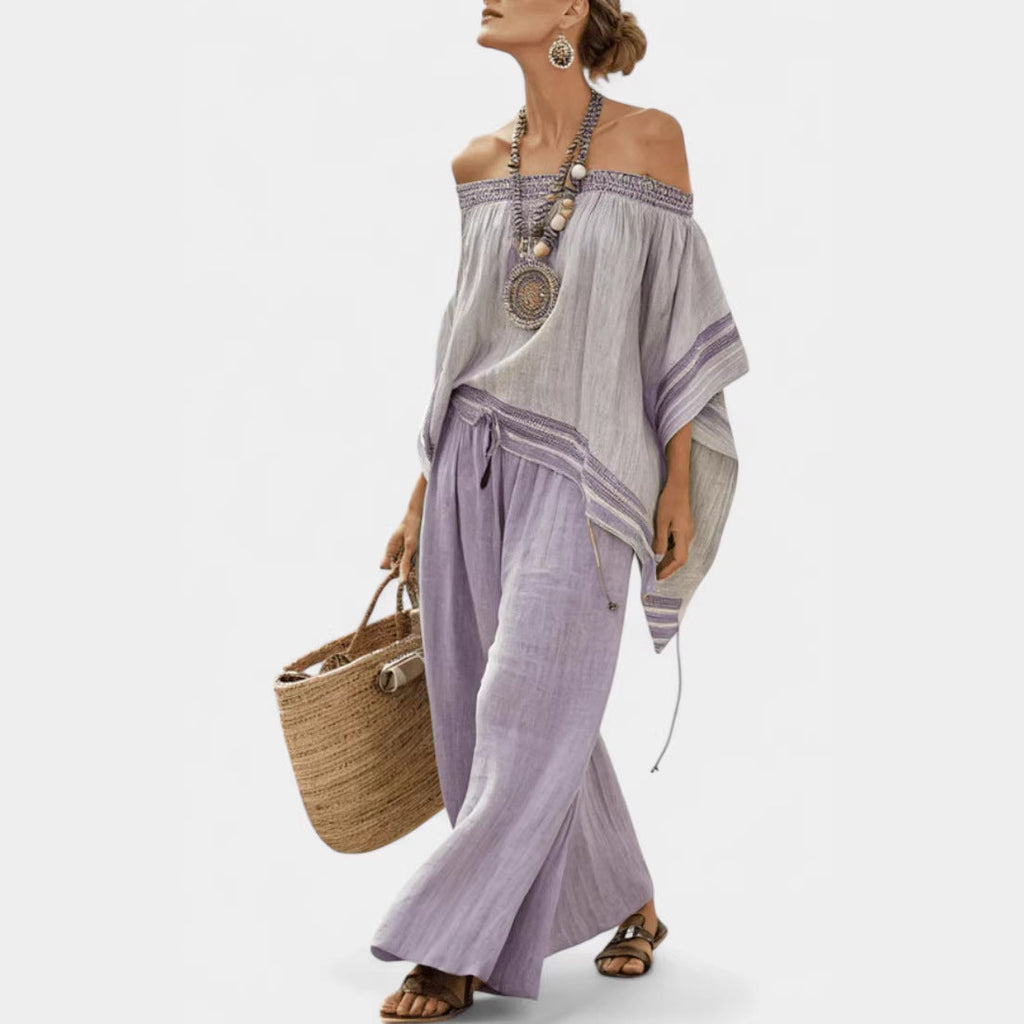 Women wearing a lightweight two piece set suitable for a beach vacation