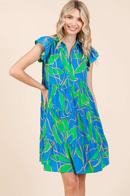 Leaf print tiered mini dress with ruffle sleeves and summer-ready silhouette