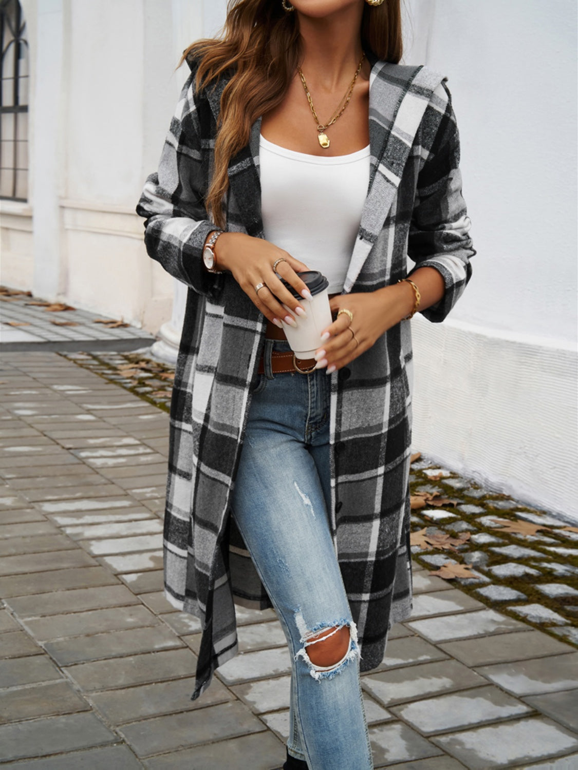 Women's Plaid Long Sleeve Hooded Coat in Brown and Green - Image 9