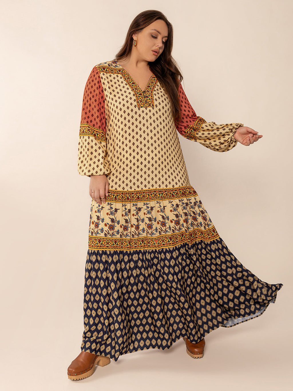 Printed V-Neck Long Sleeve Maxi Dress | Bohemian A-Line