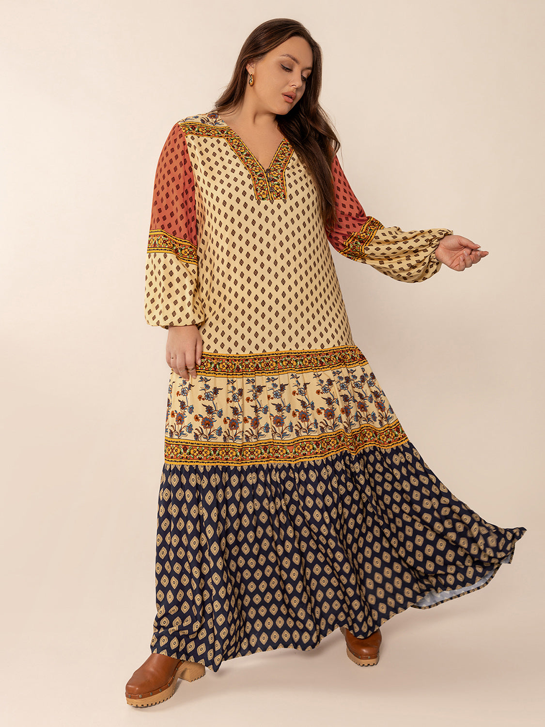 Printed V-Neck Long Sleeve Maxi Dress | Bohemian A-Line