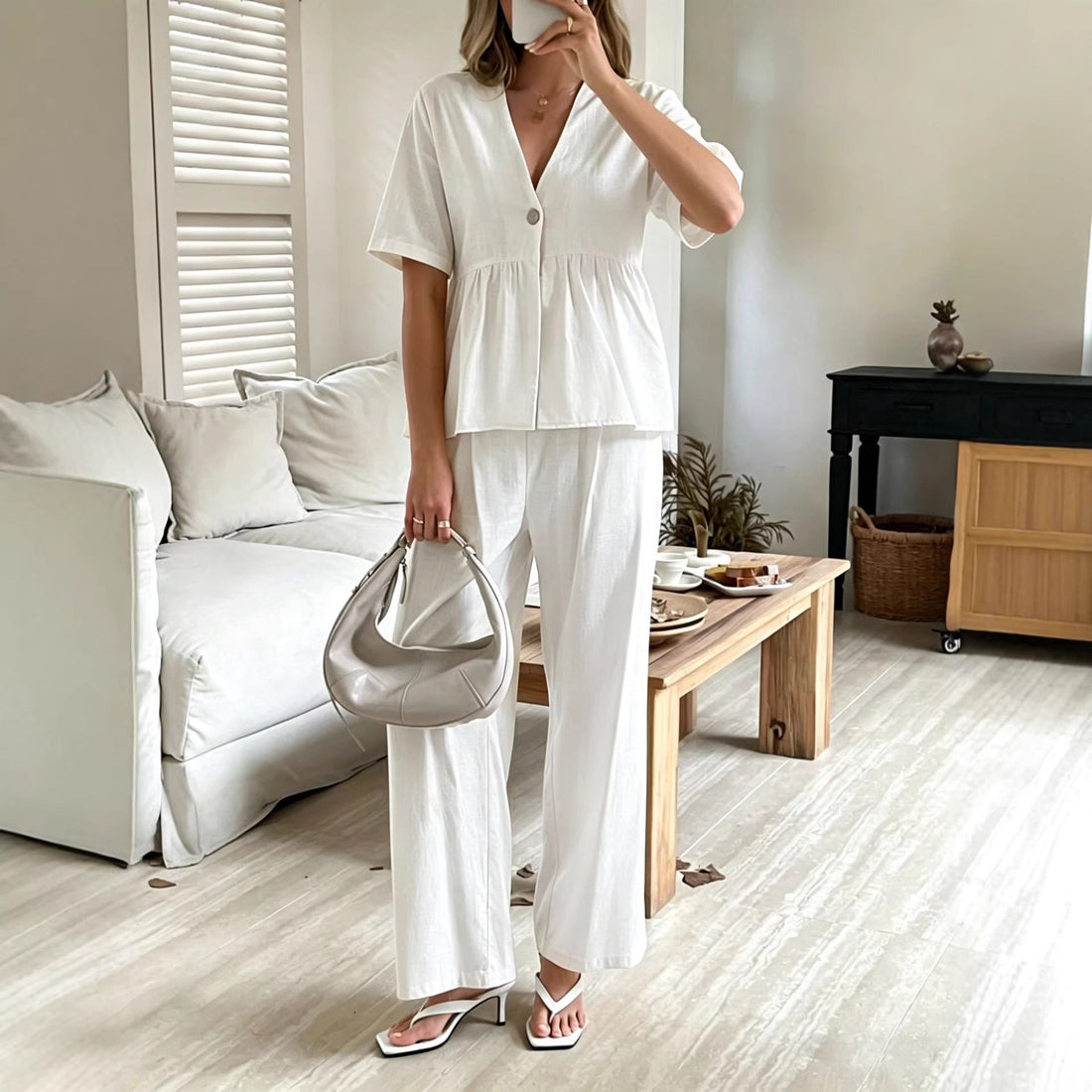 Women's V-Neck Peplum Top and Wide-Leg Pants Two Piece Set - Image 5