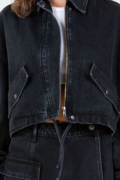 Black American Bazi Drawstring Waist Crop Jacket for Girls