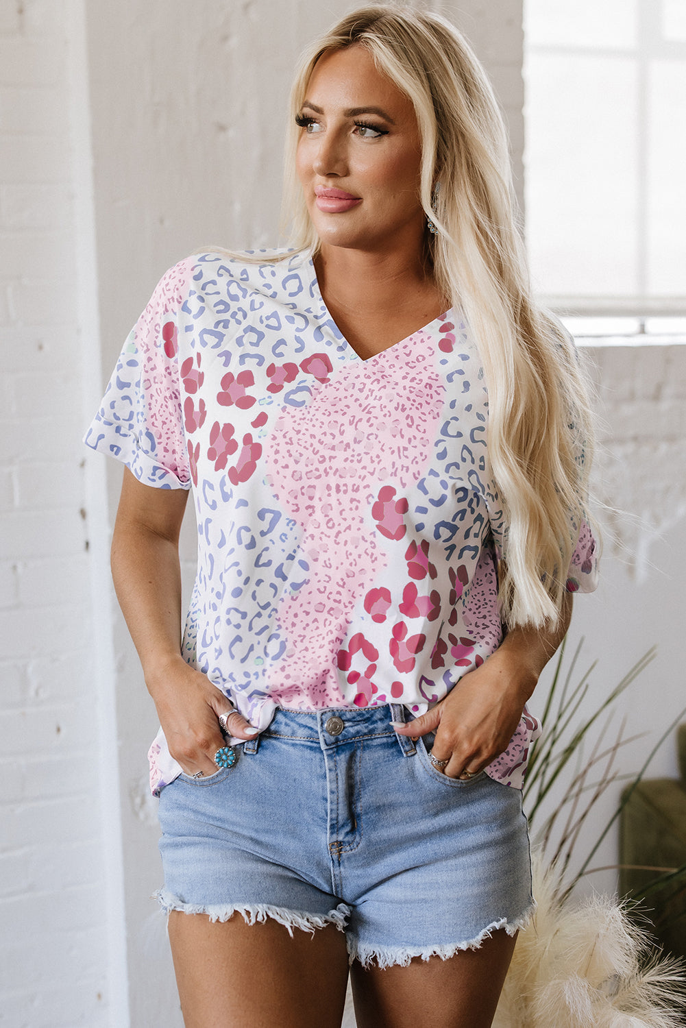 Pink Mixed Leopard Print V Neck Short Sleeve Blouse