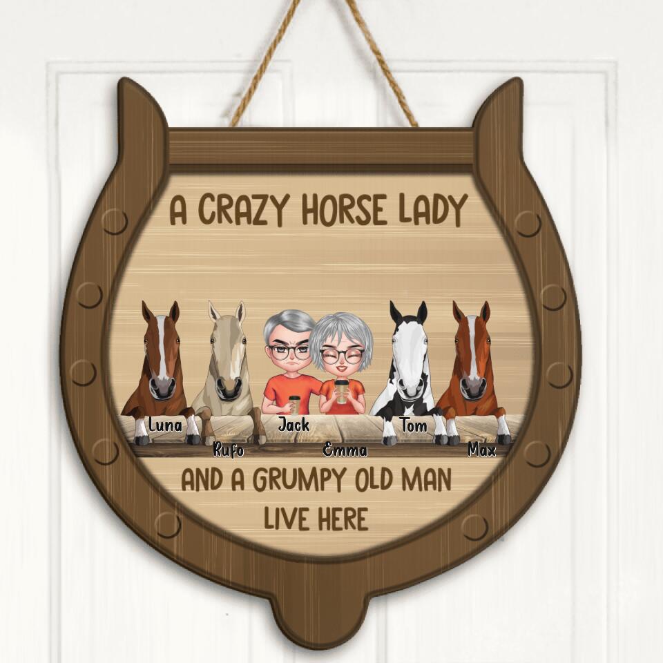 Personalized Horse Door Sign - Up To 4 Horses - Gift Idea For Horse Lovers - A Crazy Horse Lady And A Grumpy Old Man Live Here