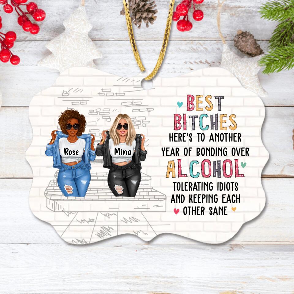 Personalized Besties Rectangle Wooden Ornament - Up to 4 Girls - Christmas Gift Idea For Besties/Friends - Here's To Another Year Of Bonding Over Alcohol