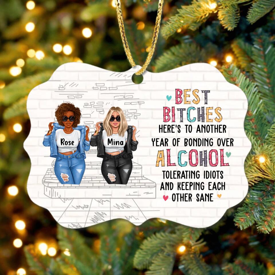 Personalized Besties Rectangle Wooden Ornament - Up to 4 Girls - Christmas Gift Idea For Besties/Friends - Here's To Another Year Of Bonding Over Alcohol