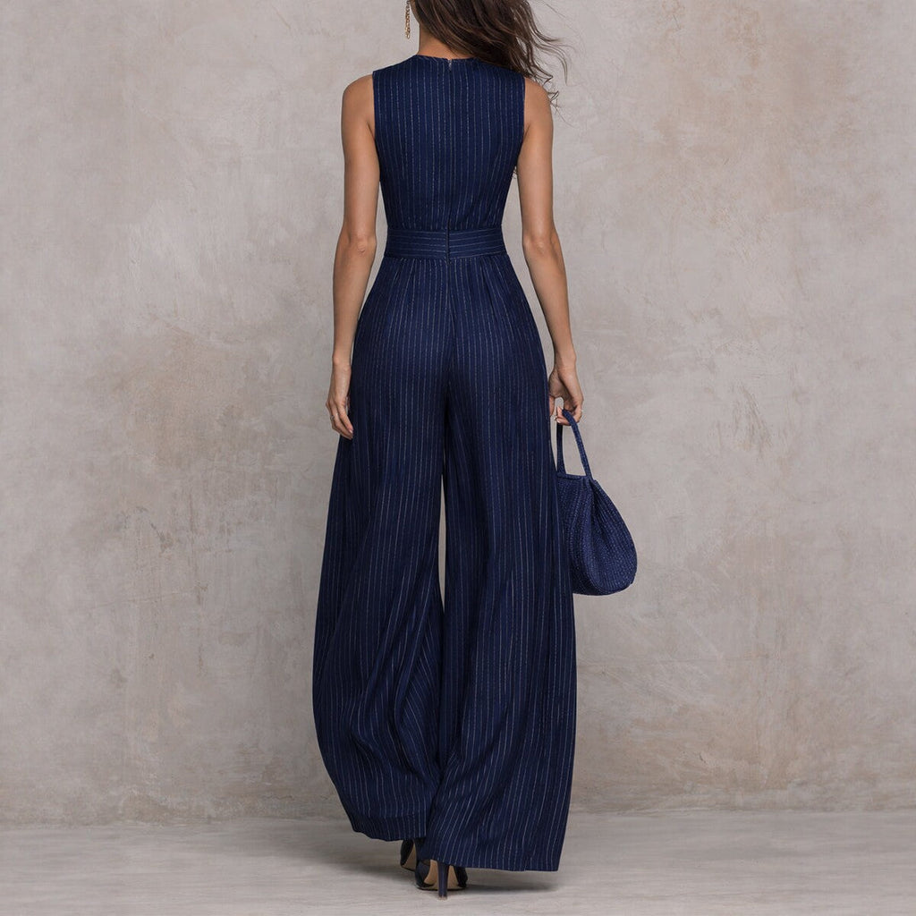 Navy Blue Sleeveless Striped Wide-Leg Jumpsuit with Pockets - Image 5