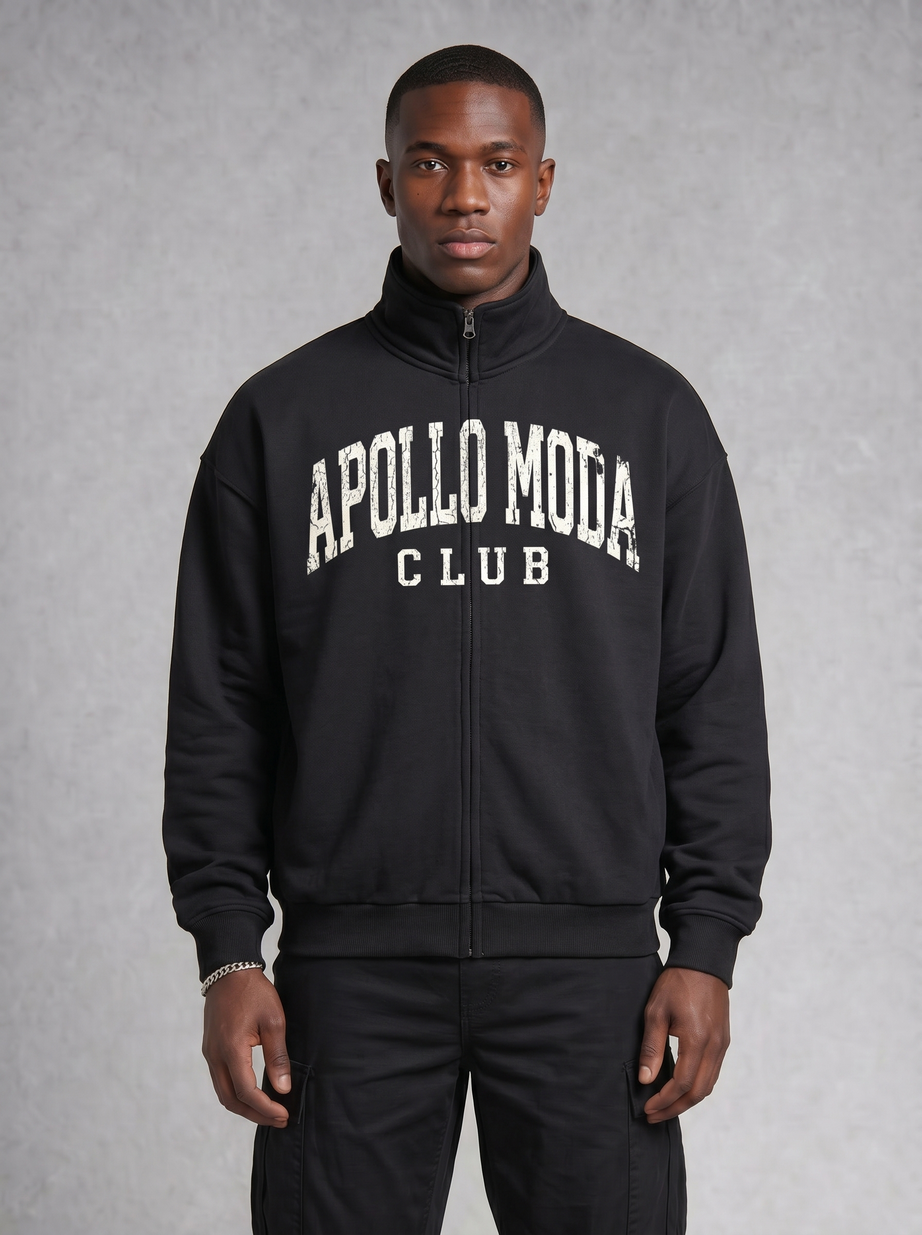 Black full-zip collegiate sweatshirt with drop shoulders and stand collar