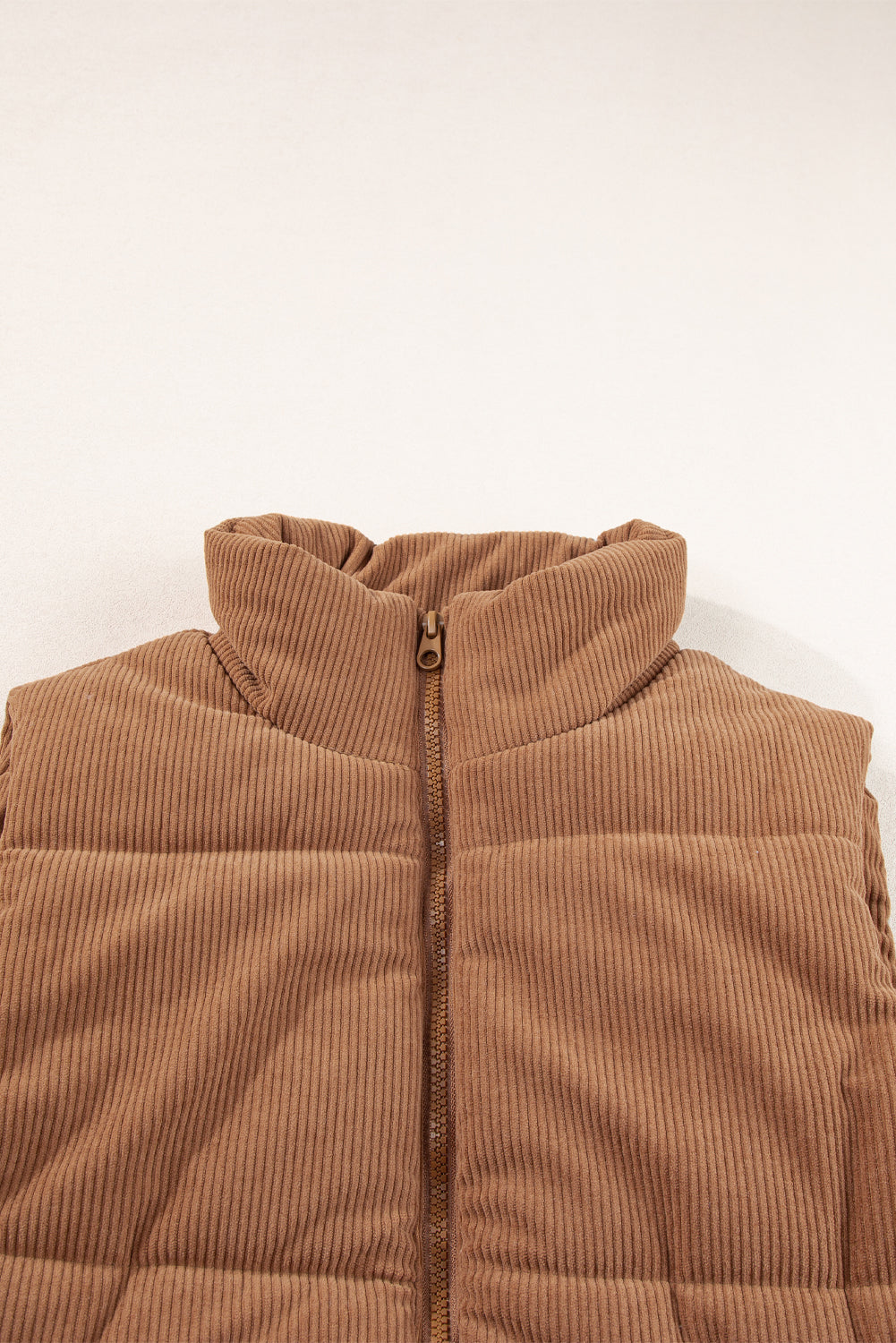 Women's Corduroy Stand Neck Zipped Puffer Vest Cropped Outerwear