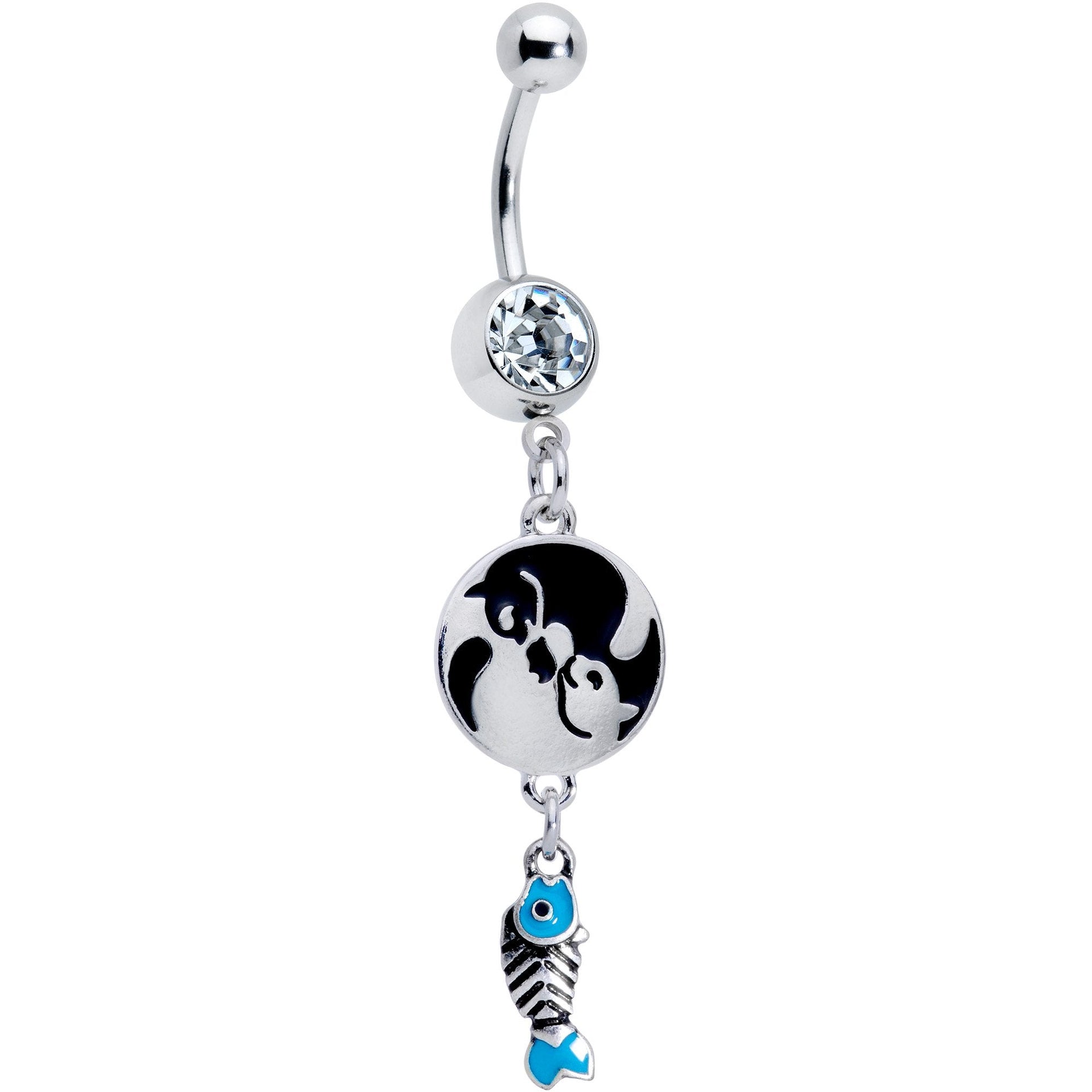 Yin Yang Cat and Fish Dangle Navel Ring Surgical Steel
