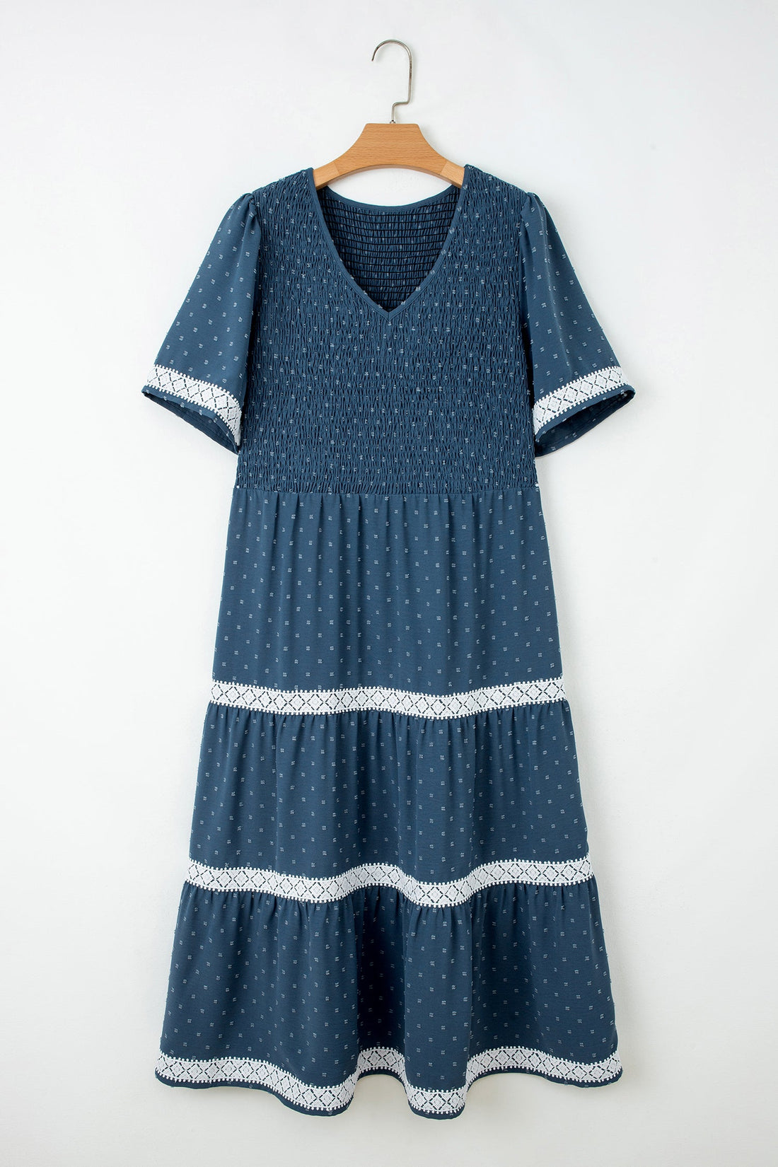 Swiss Dot Lace Trim Flared Midi Dress - V-Neck Bohemian Shift