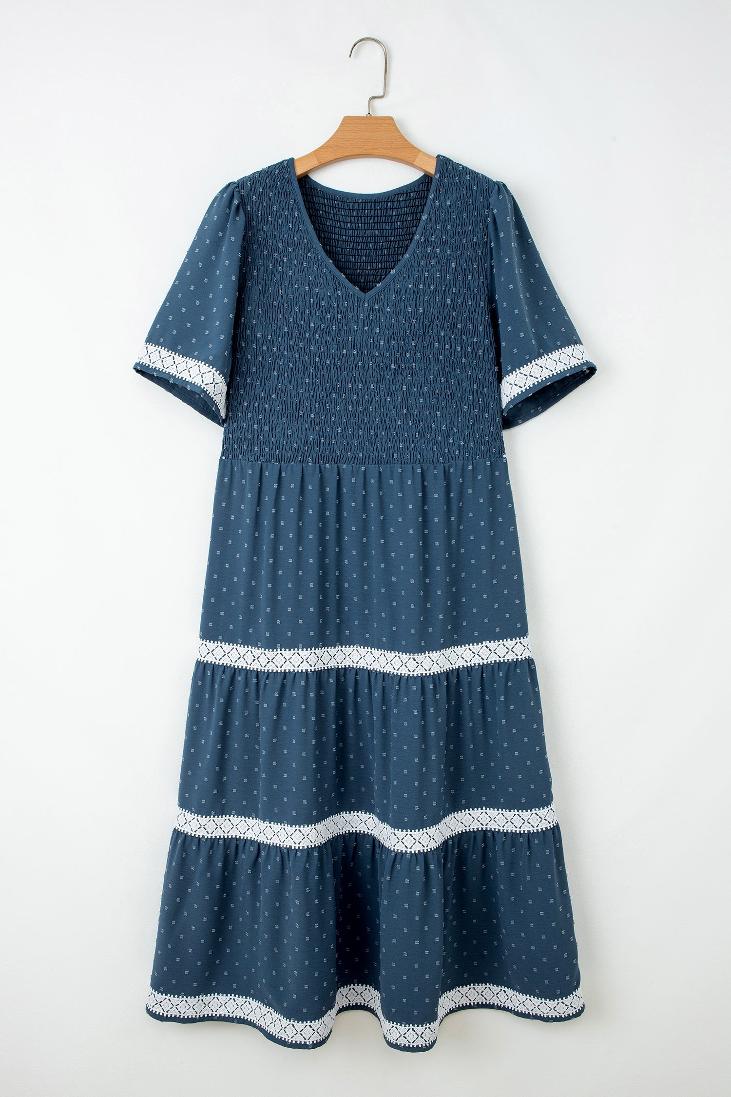Swiss Dot Lace Trim Flared Midi Dress - V-Neck Bohemian Shift