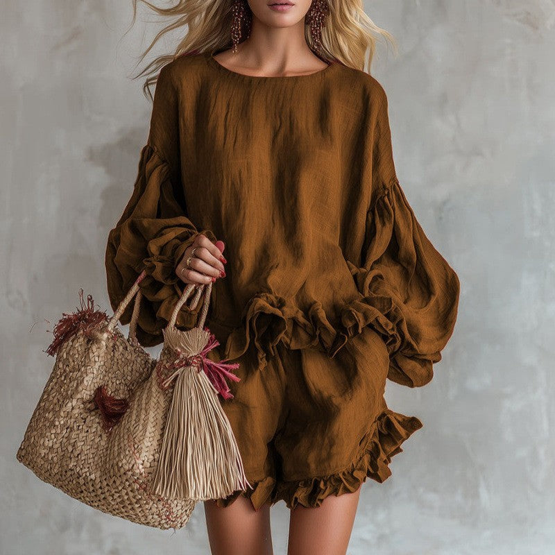 Women's Lantern Sleeve Top and Ruffled Shorts Two-Piece Set - Image 3