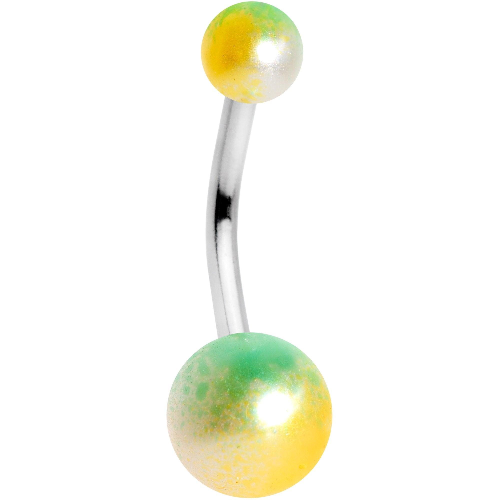 Yellow green pearlescent acrylic ball belly ring showing vibrant color and shine