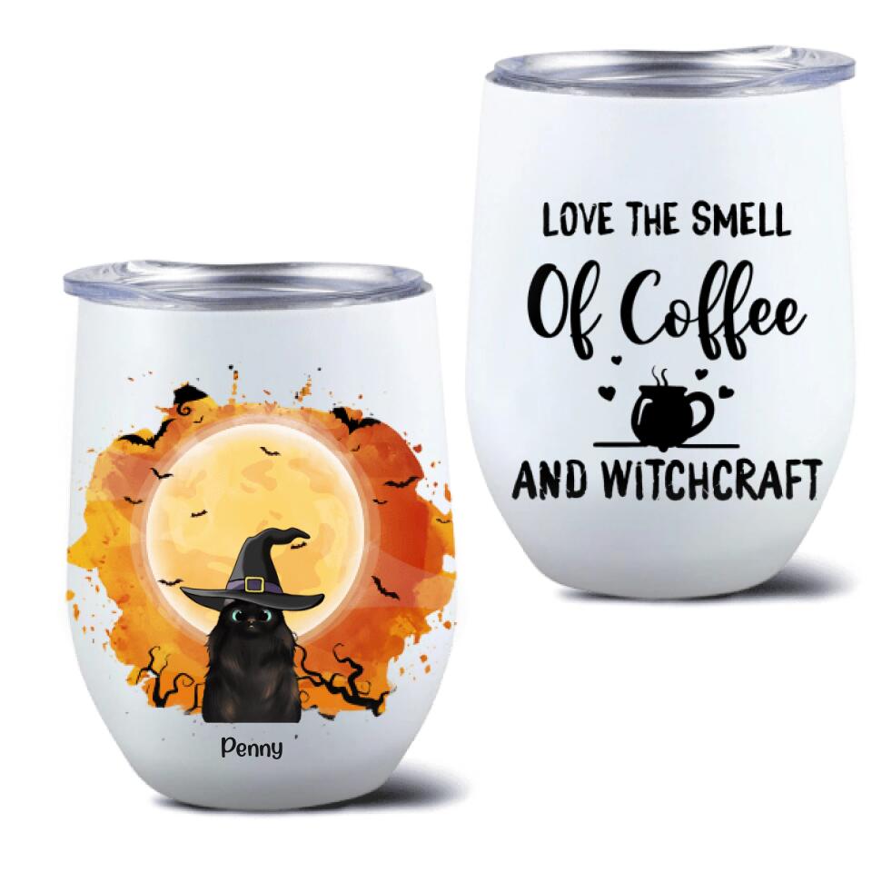 Personalized Halloween Cats Wine Tumbler - Up to 3 Cats - Love The Smell Of Coffee And Witchcraft - B16ZKZ