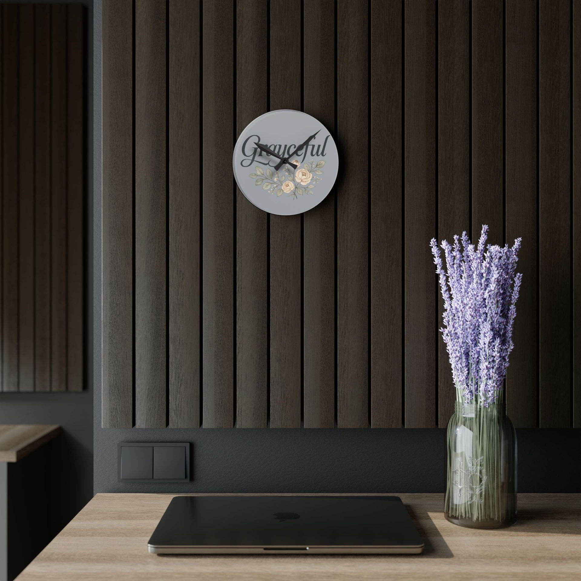 Gray Floral Acrylic Wall Clock, Grateful Home Decor, Modern Wall Art, Gift for Her, Office or Living Room