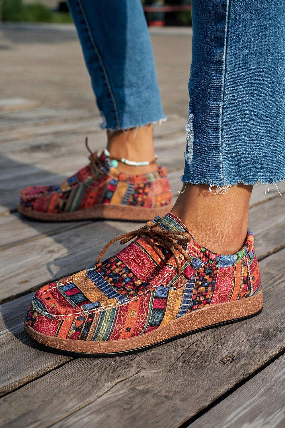 Racing Red Lightweight Boho Patchwork Lace Up Shoes