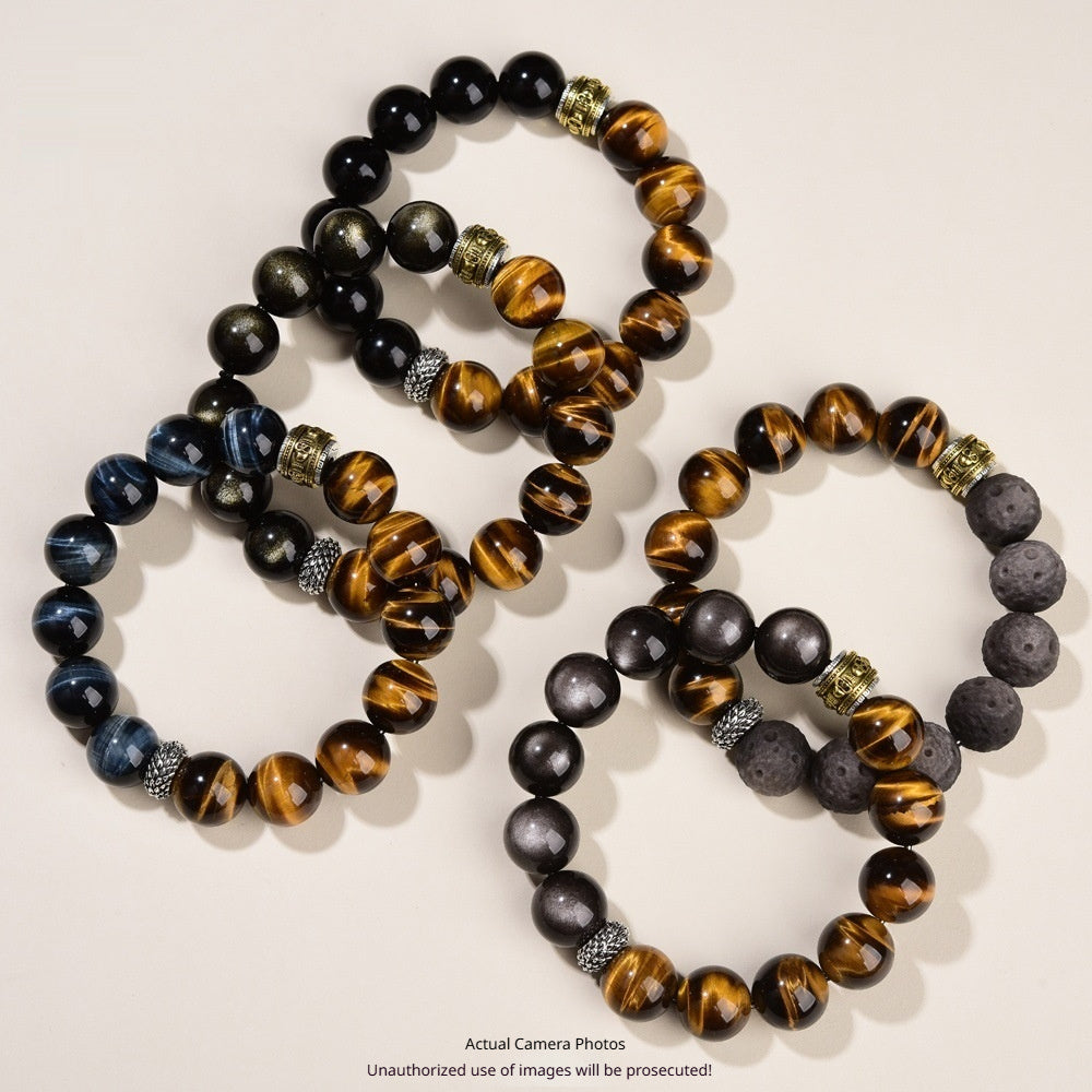 Natural Tigers Eye and Obsidian Beaded Collectors Bracelet 14mm