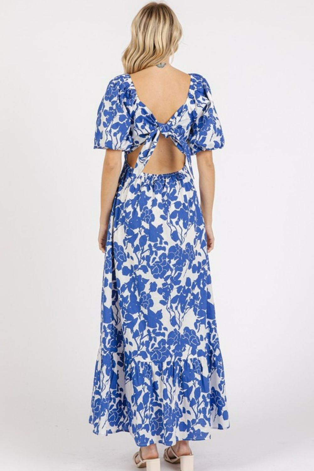 Floral Sweetheart Neck Puff Sleeve Mini Dress with Cutout Back