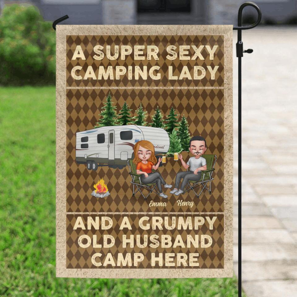 Personalized Camping Couple Flag Sign - Gift Idea For Couple/Camping Lover - A Super Sexy Camping Lady And A Grumpy Old Husband Camp Here
