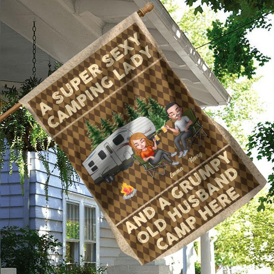 Personalized Camping Couple Flag Sign - Gift Idea For Couple/Camping Lover - A Super Sexy Camping Lady And A Grumpy Old Husband Camp Here
