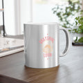 Personalized ceramic coffee mug with a shiny metallic gold or silver finish and ergonomic C-handle
