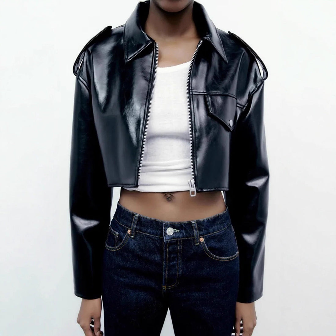 Women's Black Faux Leather Cropped Jacket Harajuku Style - Image 2