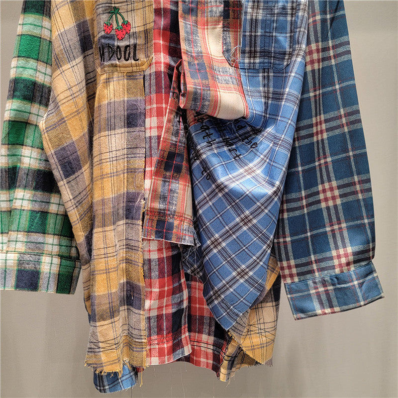 Women's Retro Harajuku Patchwork Plaid Loose Fit Shirt Top - Image 4