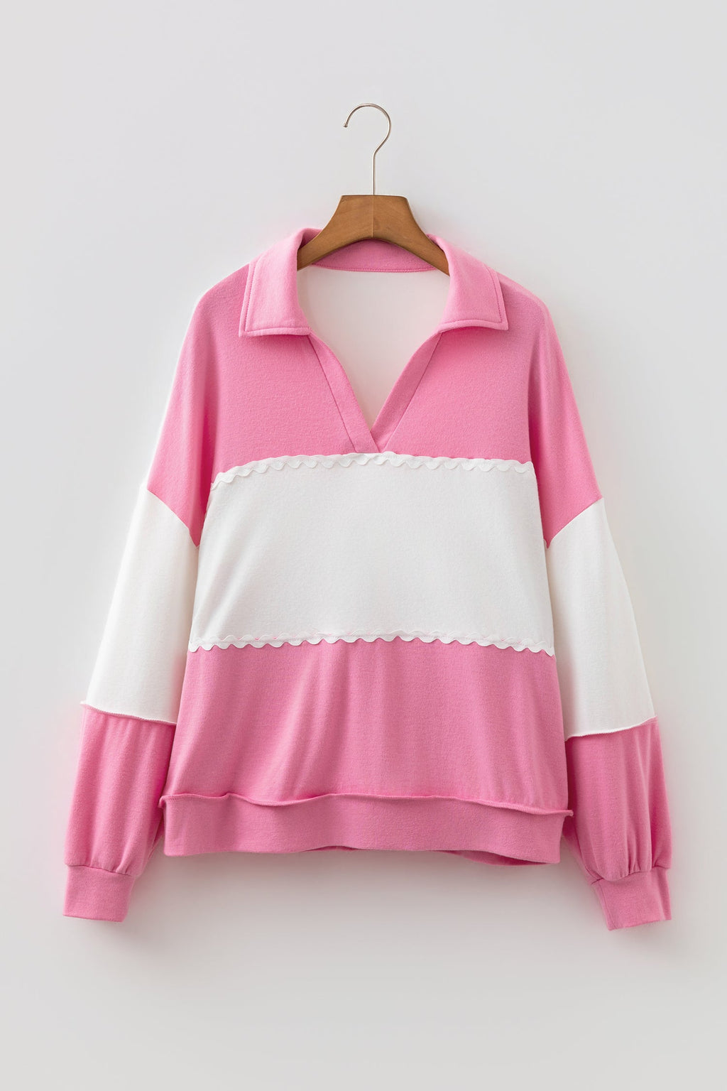 Colorblock Ricrac Trim Collared V-Neck Long Sleeve Top