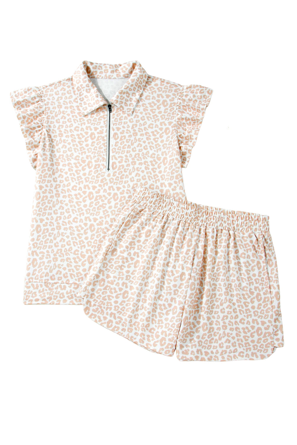 Leopard Zip Polo Top & Elastic Shorts Set