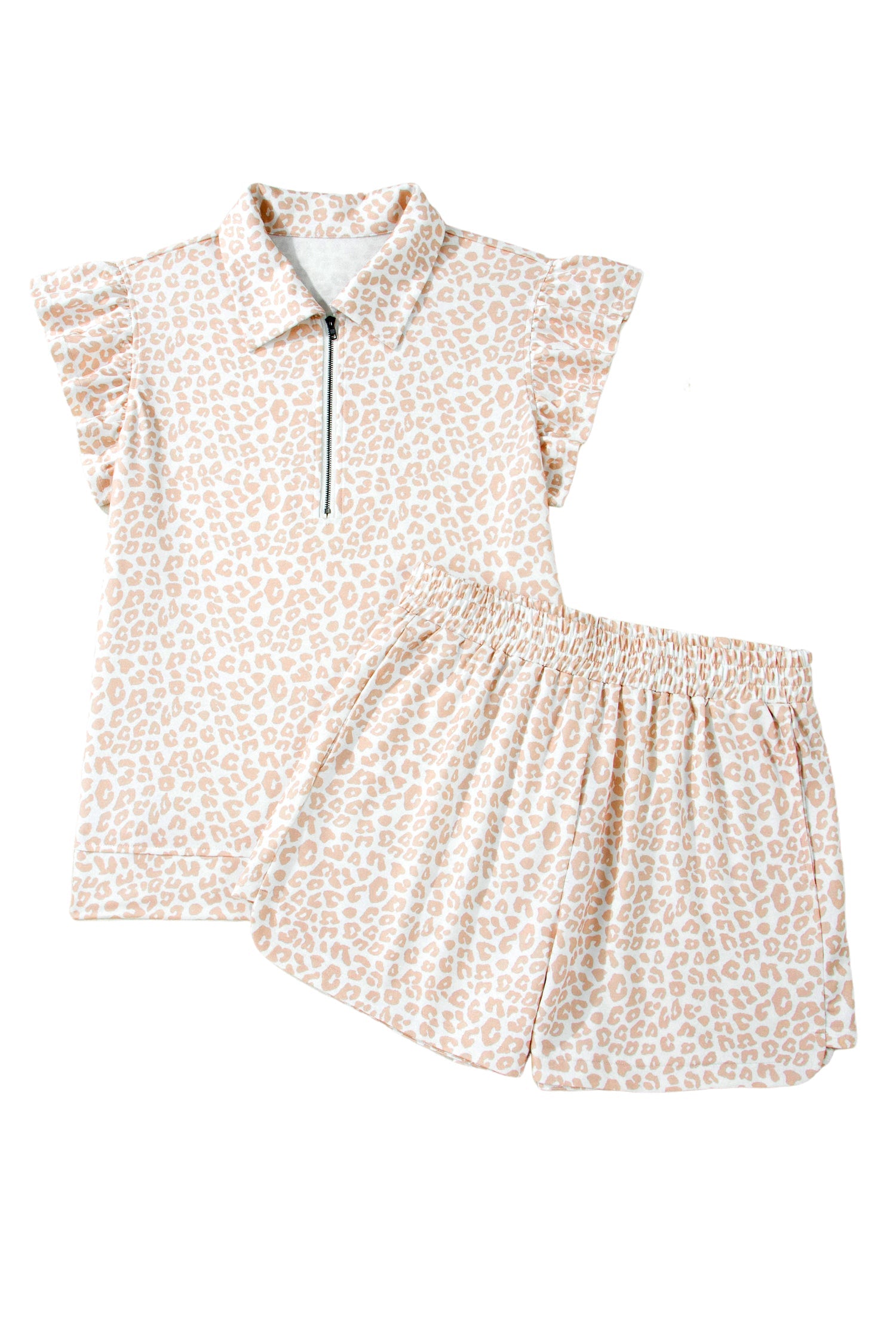 Leopard Zip Polo Top & Elastic Shorts Set