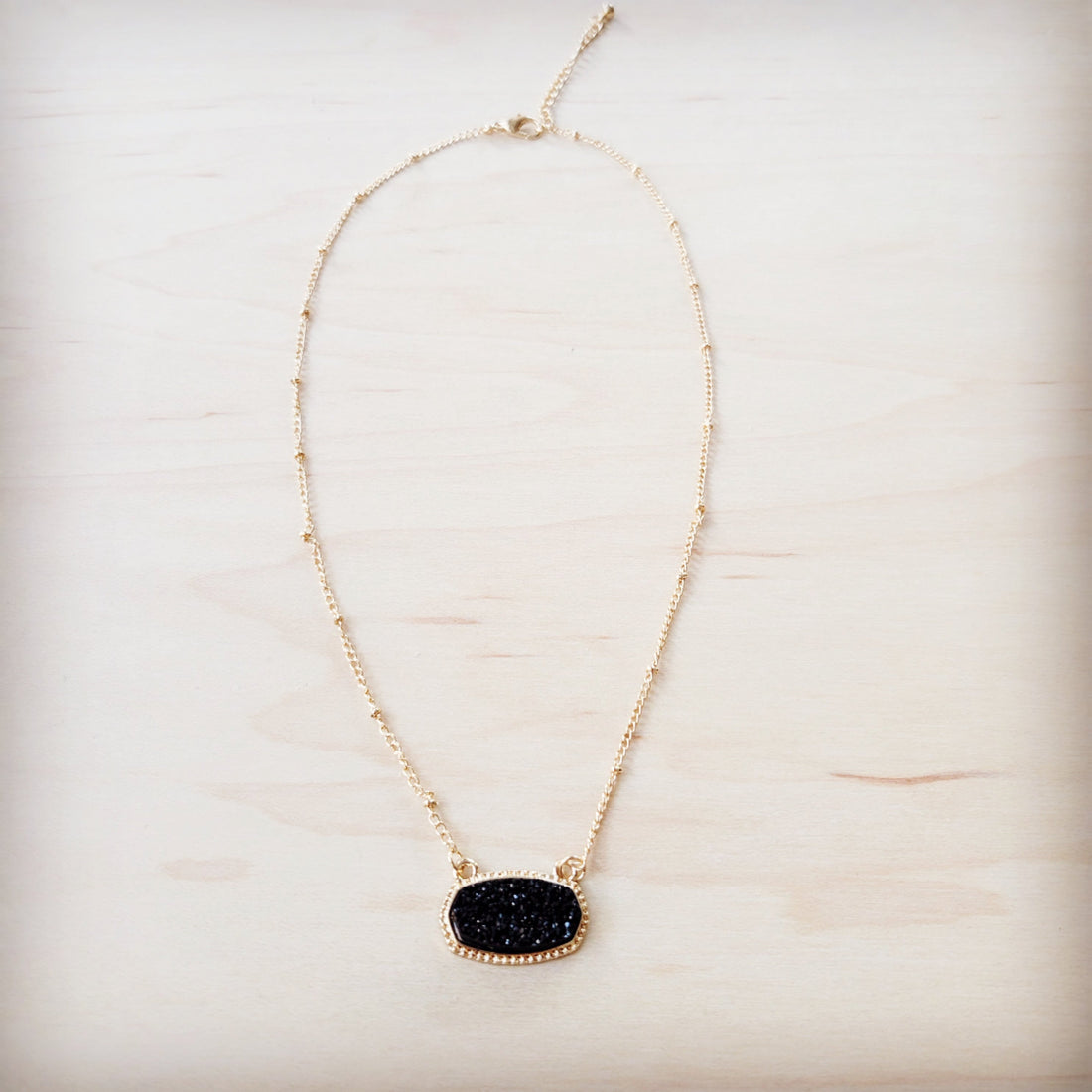 Gold-Tone Chain Necklace with Black Druzy Stone Pendant - Image 4