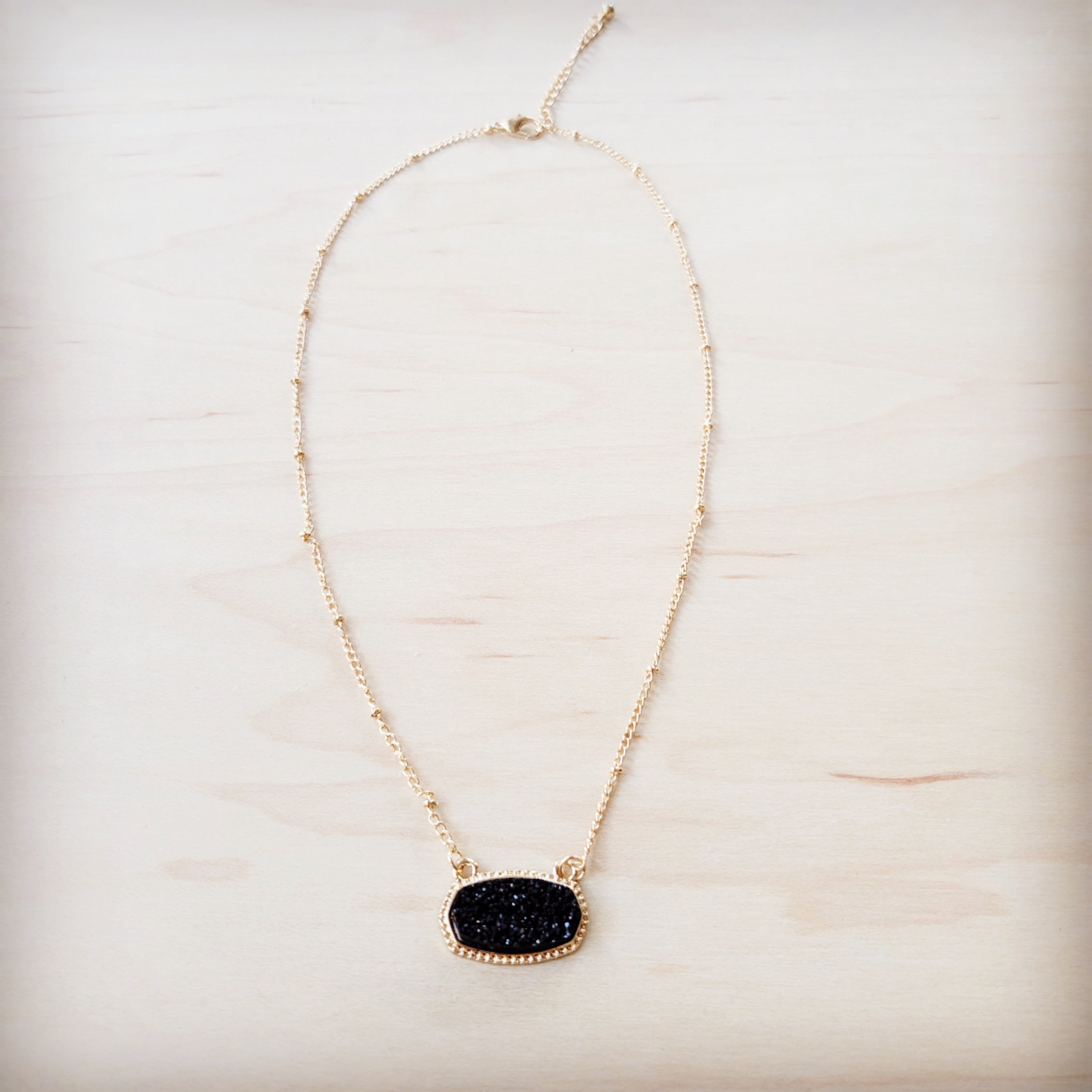 Gold-Tone Chain Necklace with Black Druzy Stone Pendant - Image 4