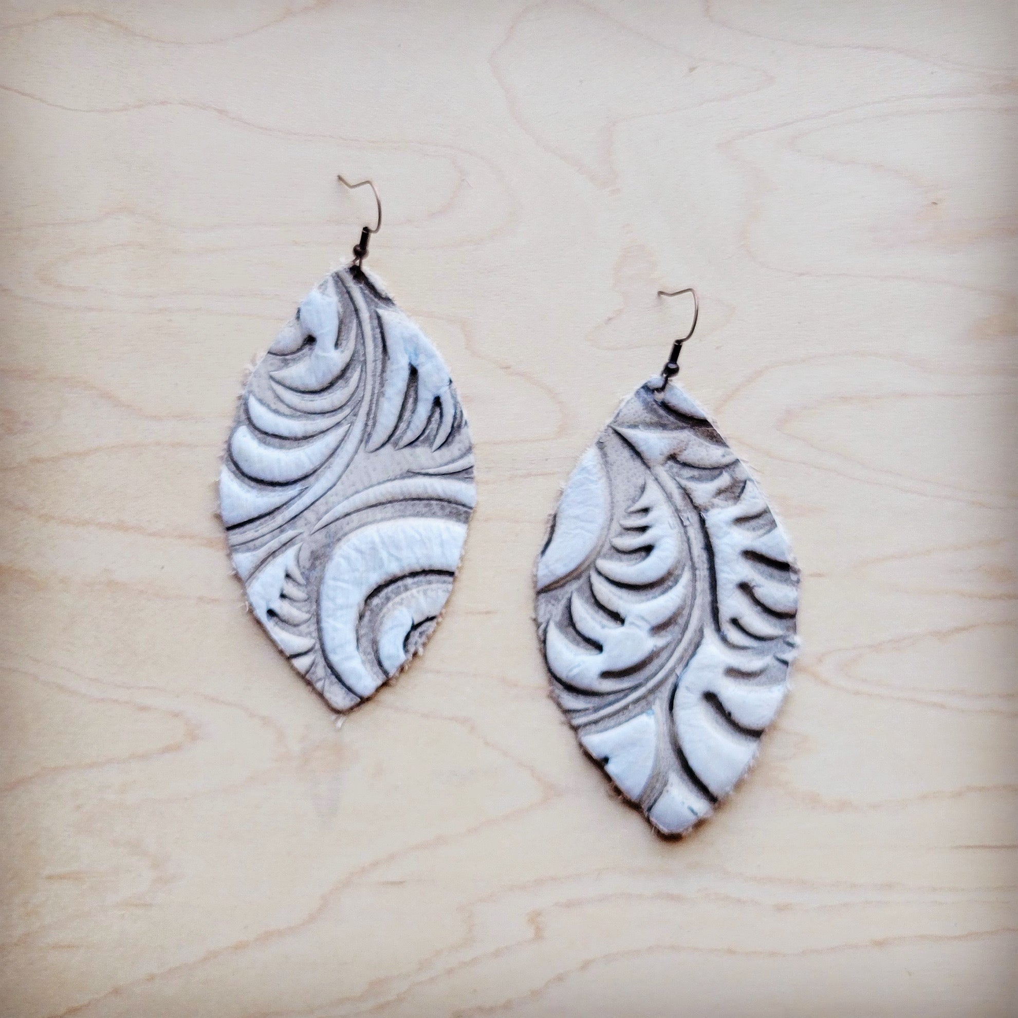 Handcrafted Leather Oval Earrings Sandy White