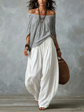 Women's One-Shoulder Cotton Two-Piece Set – Relaxed Wide-Leg Outfit