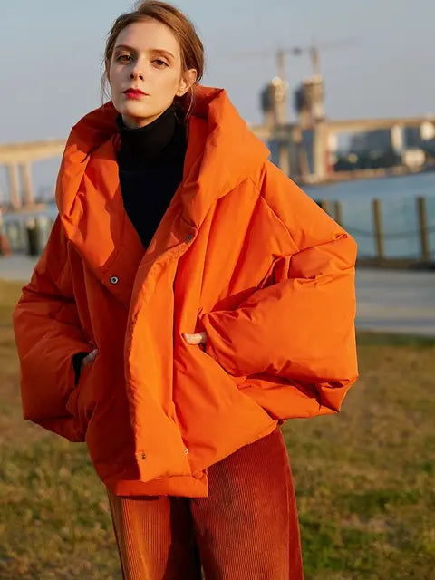 Women's Oversized Fluffy Down Parka - Vibrant Orange Red - Image 8