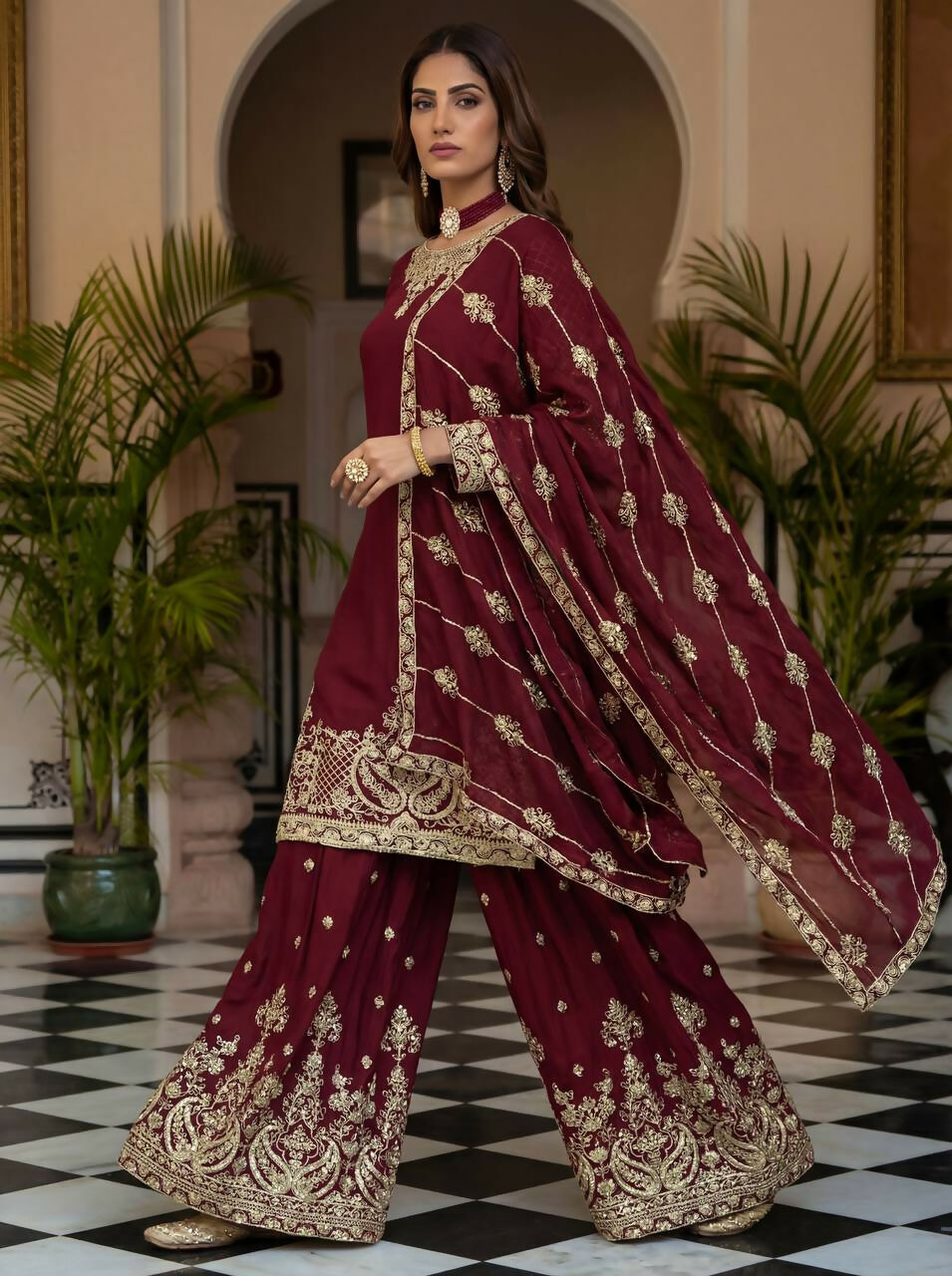 Maroon Silk Embroidered Sharara Set with Traditional Kurti
