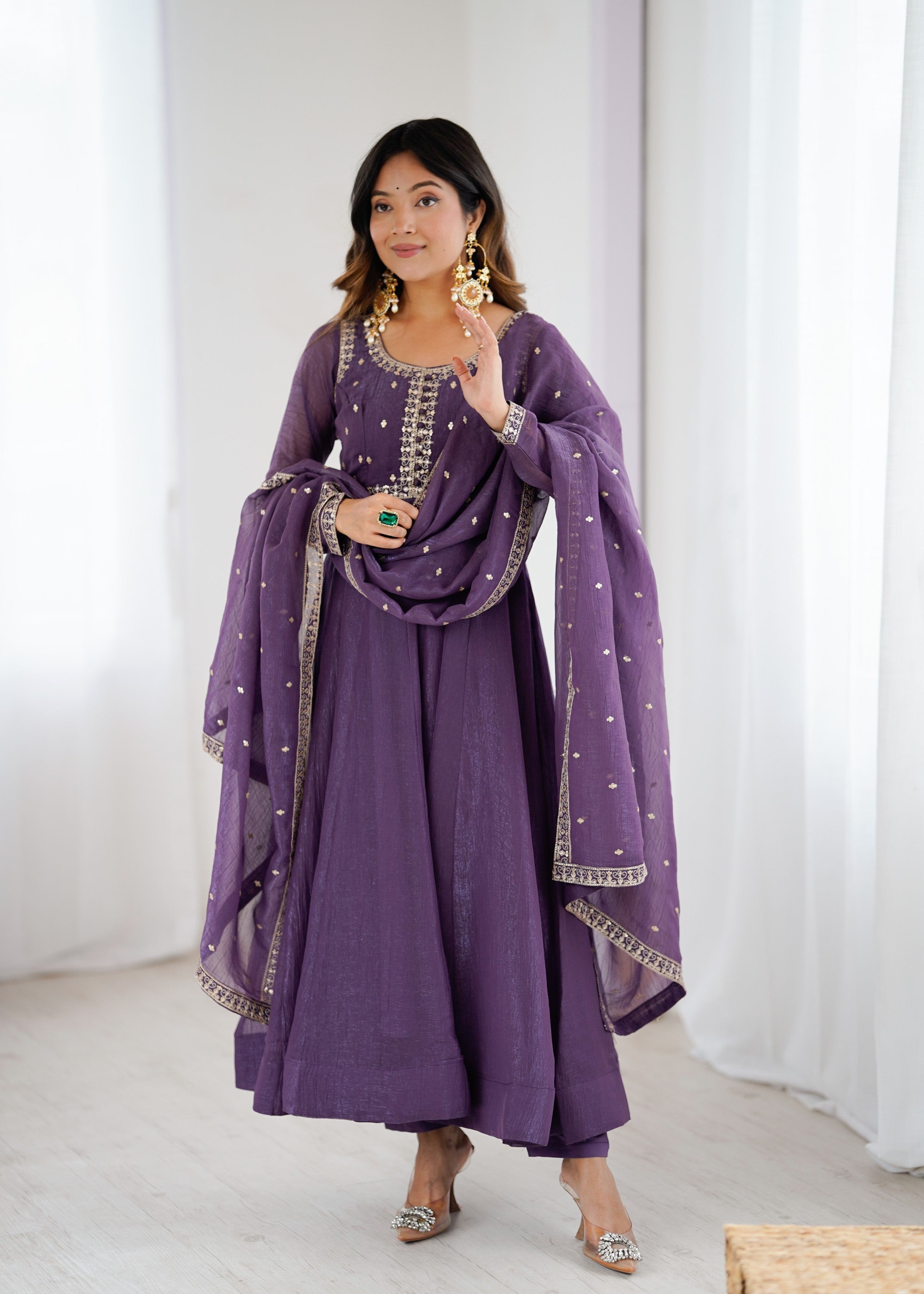 Lavender Pure Crunchy Silk Anarkali Gown with heavy zari and sequence embroidery work and matching dupatta