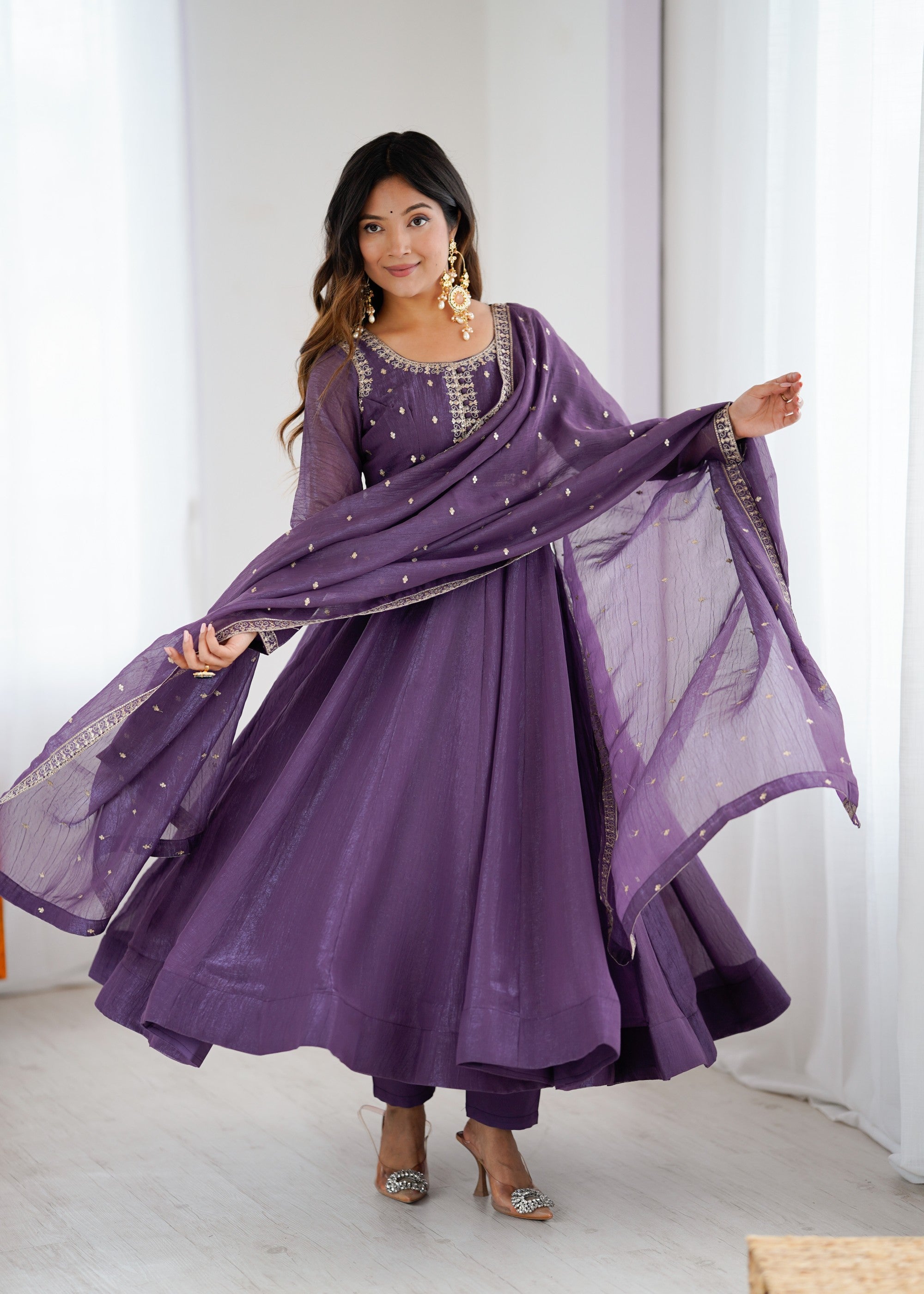 Lavender Pure Crunchy Silk Anarkali Gown with Embroidery and Dupatta