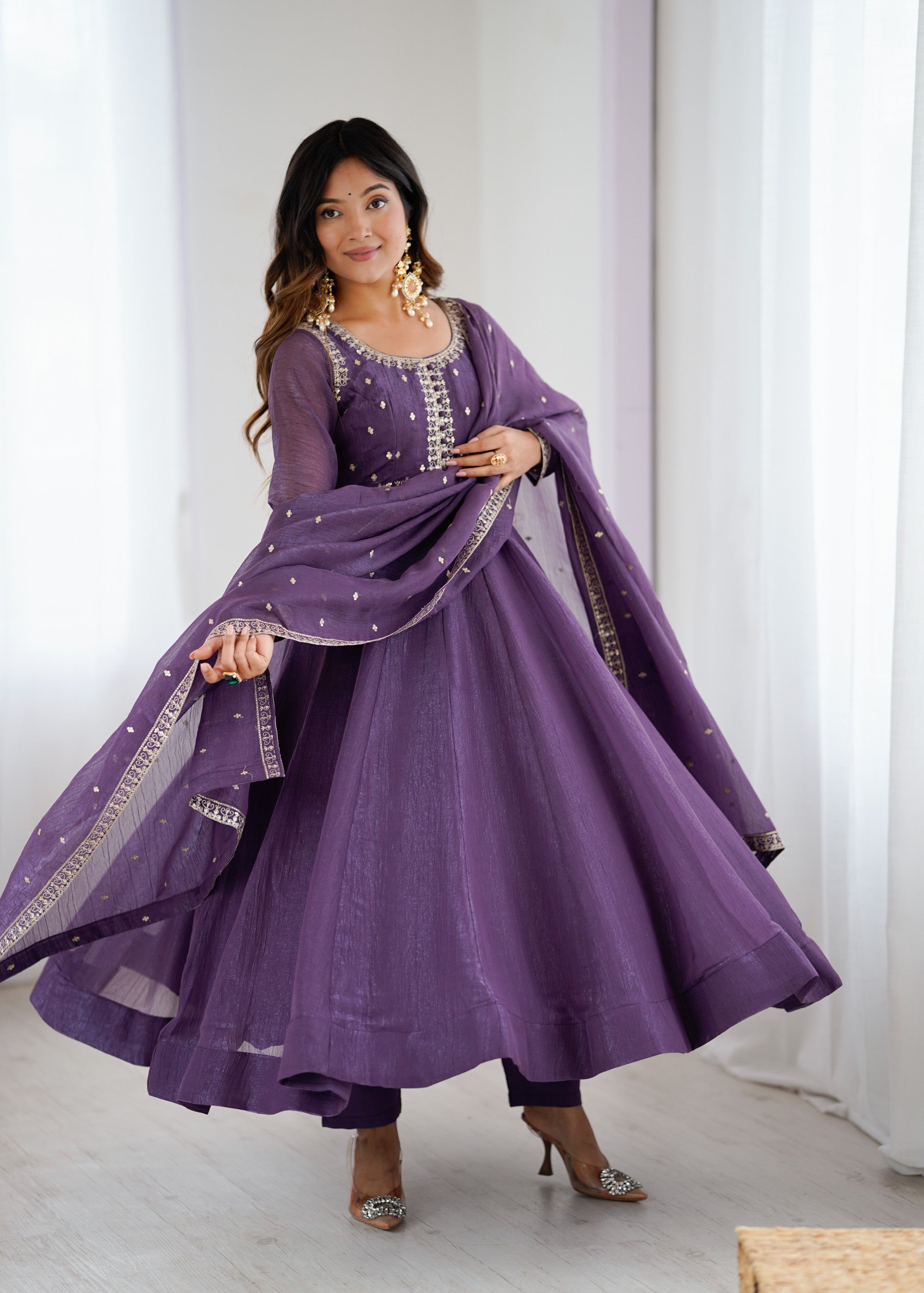 Lavender Pure Crunchy Silk Anarkali Gown with Embroidery and Dupatta