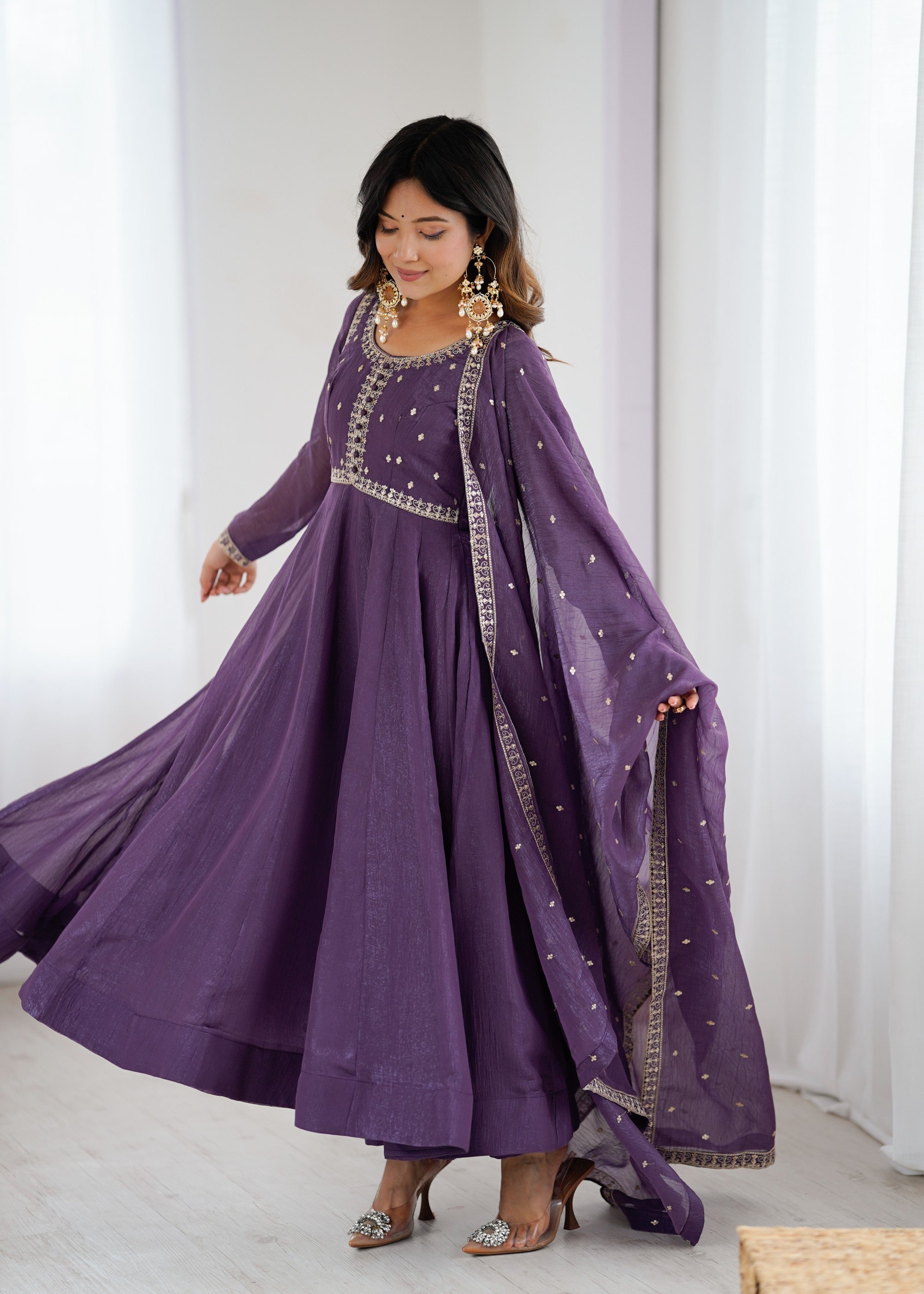 Lavender Pure Crunchy Silk Anarkali Gown with Embroidery and Dupatta